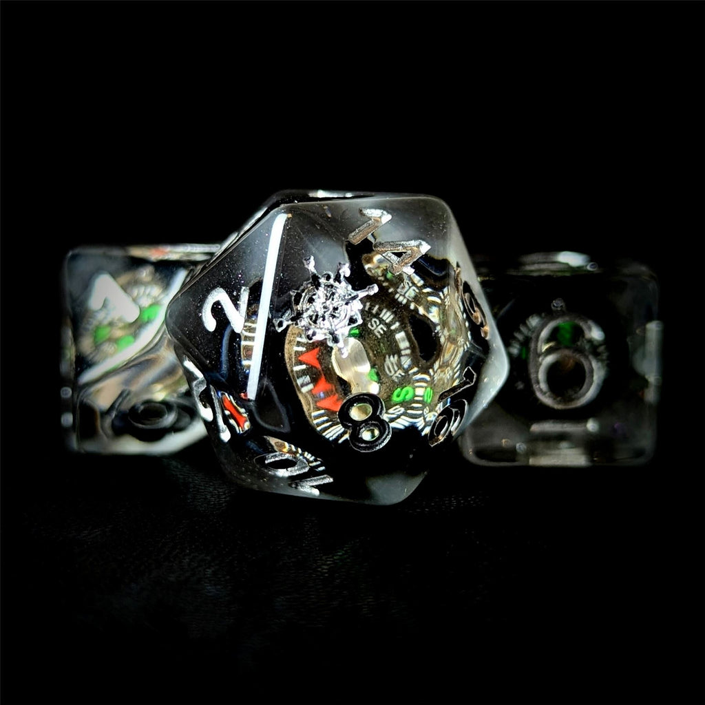 Compass in Clear & Black Resin - 7pcs RPG Full Dice Set