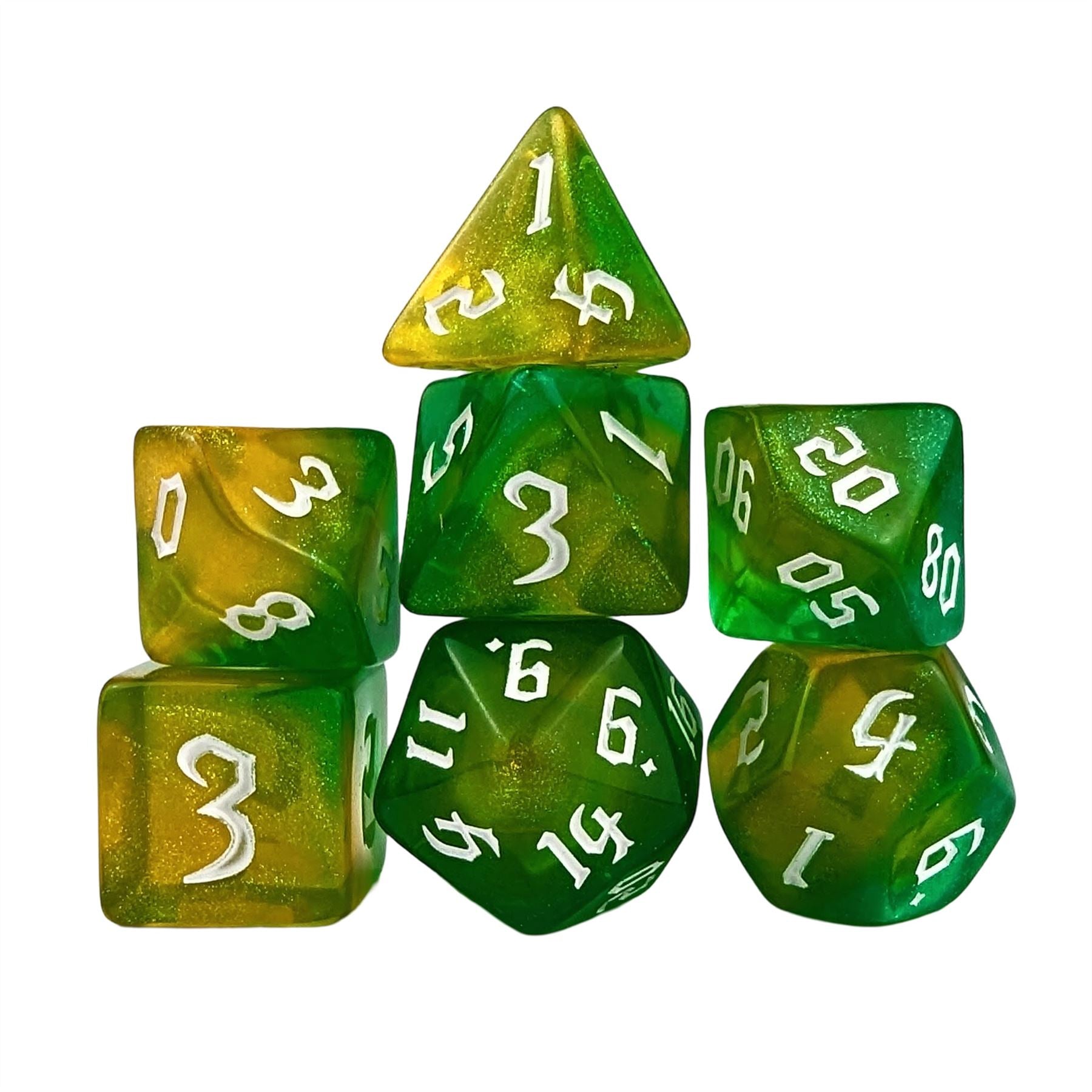 Glitter in Green & Yellow Acrylic - 7pcs RPG Full Dice Set