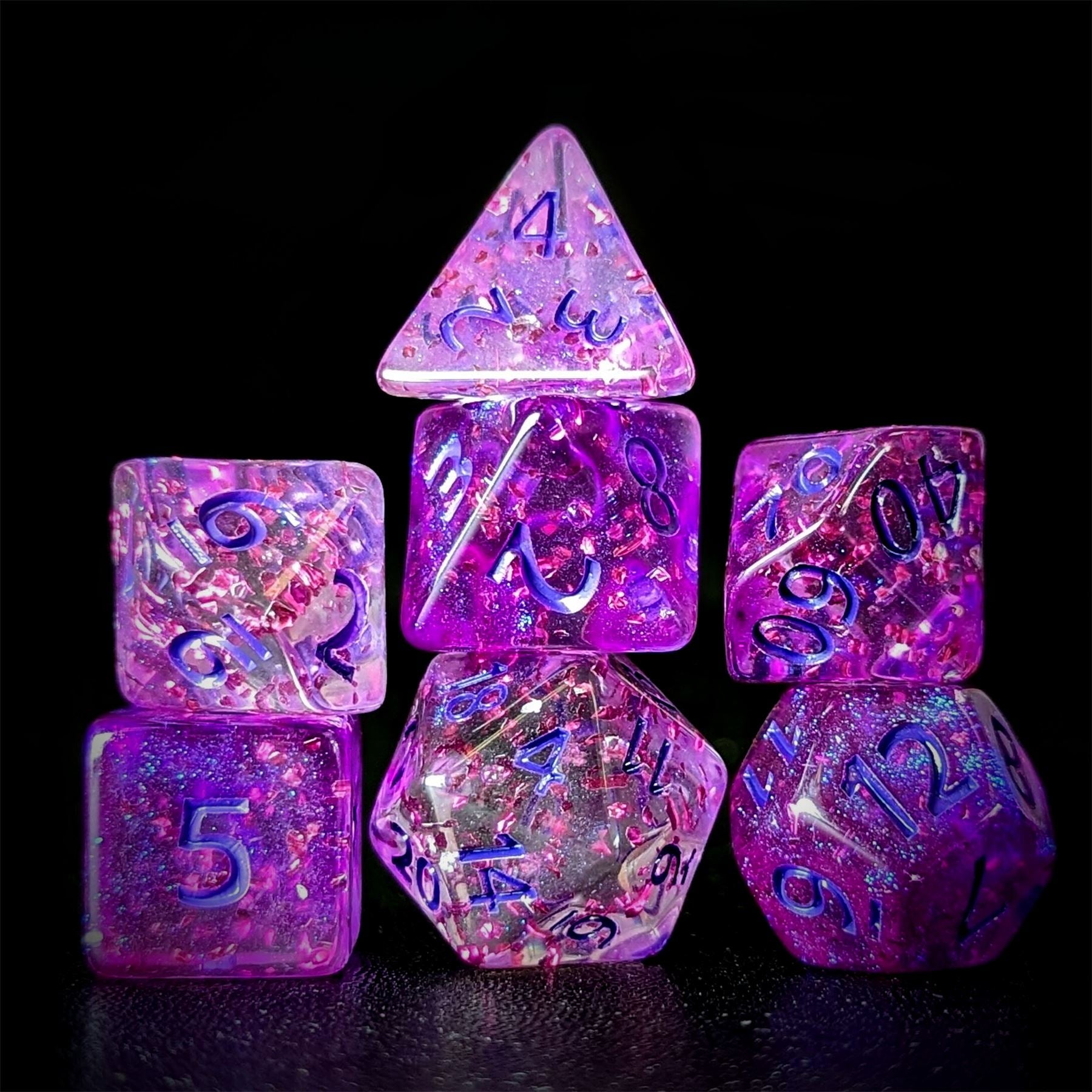 Glitter in Clear Pink Acrylic - 7pcs RPG Full Dice Set