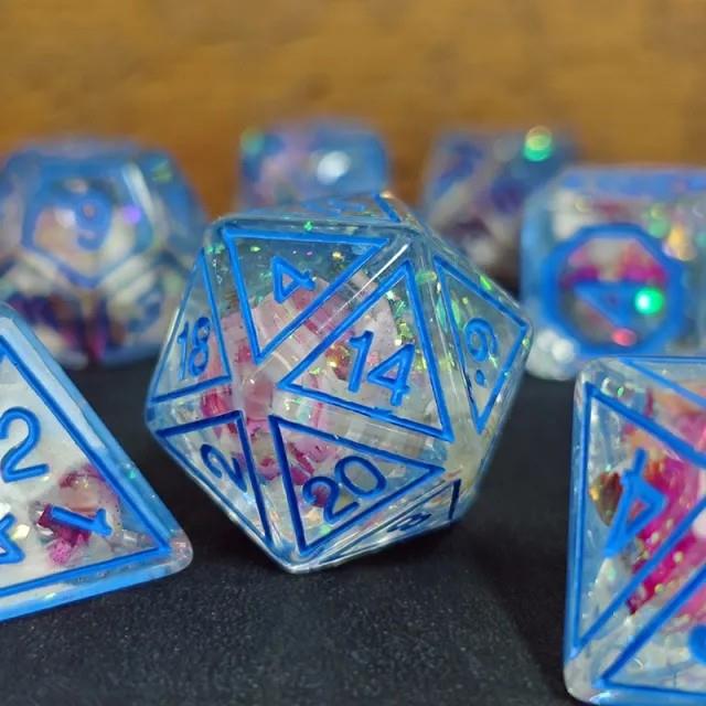7pcs Dice Resin Pattern Flower Blue Font Clear Blue