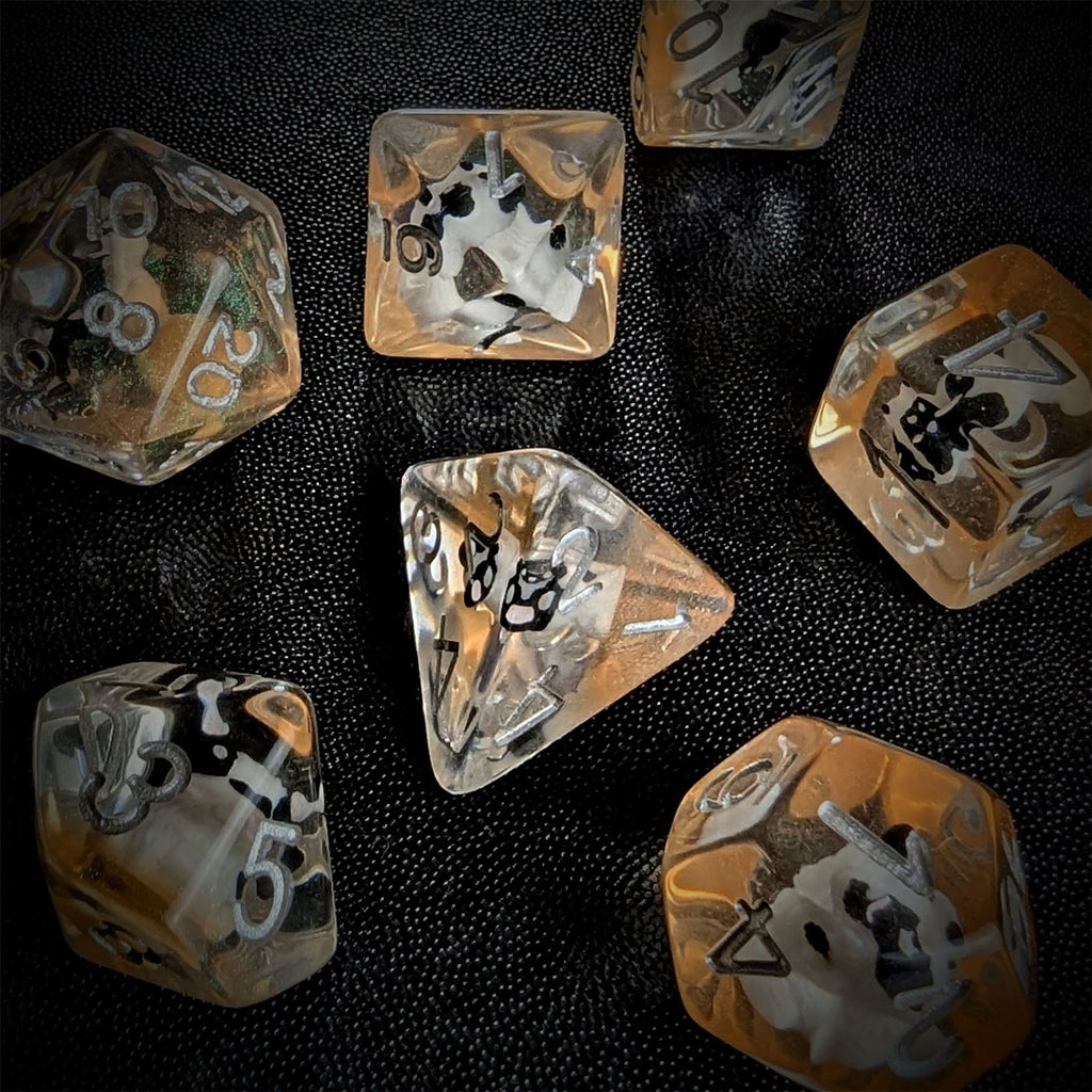 Black & White Dog in Clear Resin - 7pcs RPG Full Dice Set