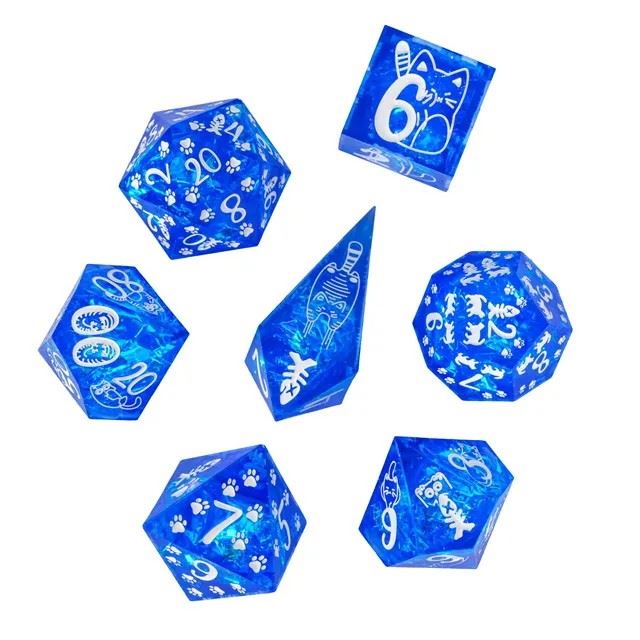 Cats on Blue with Candy Sharp Resin - 7pcs RPG Dice Set