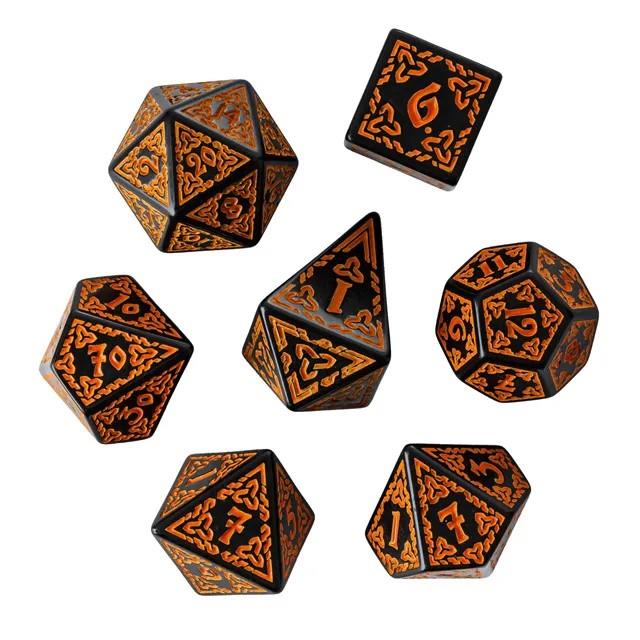 Orange Celtic Knot on Black Acrylic - 7pcs RPG Full Dice Set