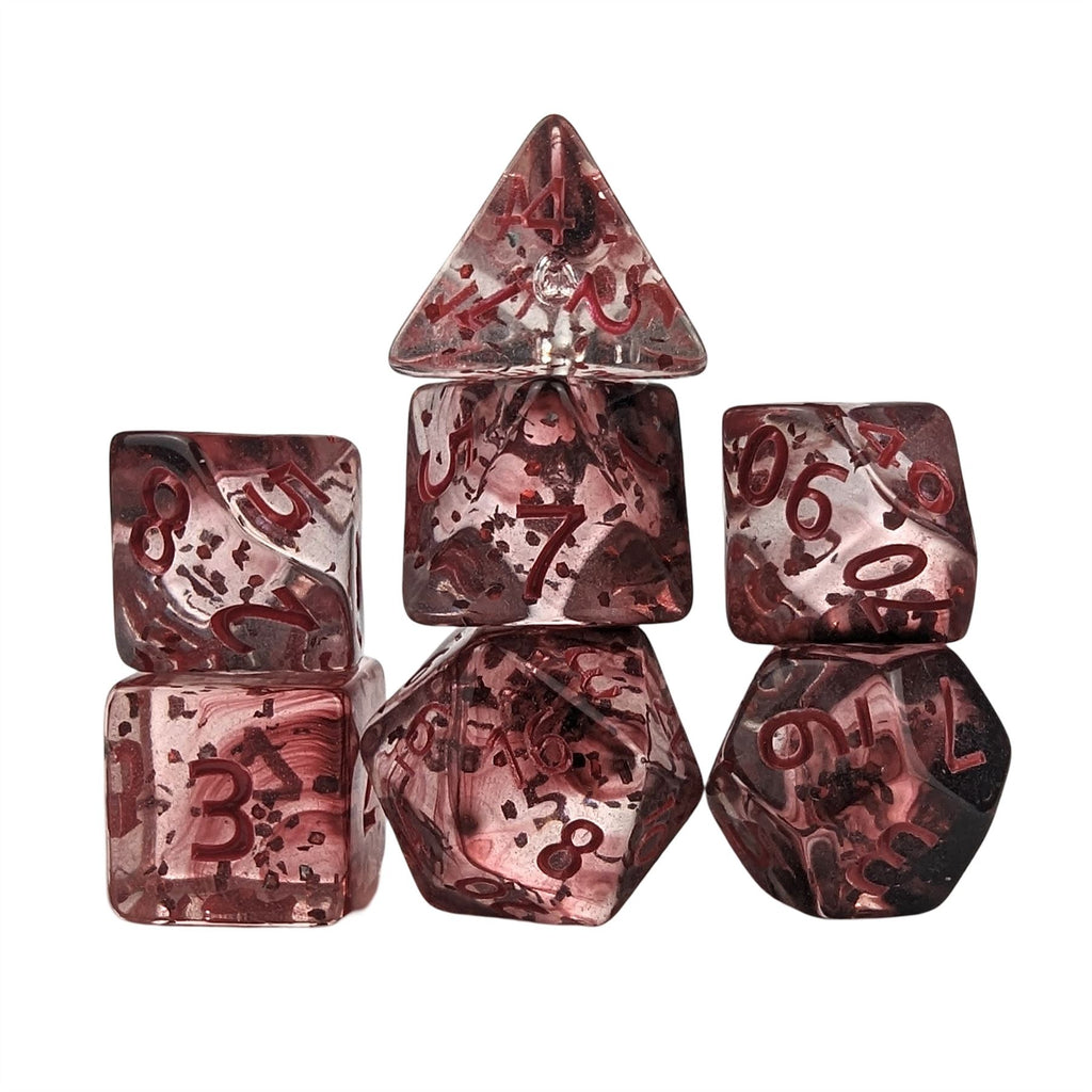 Glitter in Clear Red Acrylic - 7pcs RPG Full Dice Set