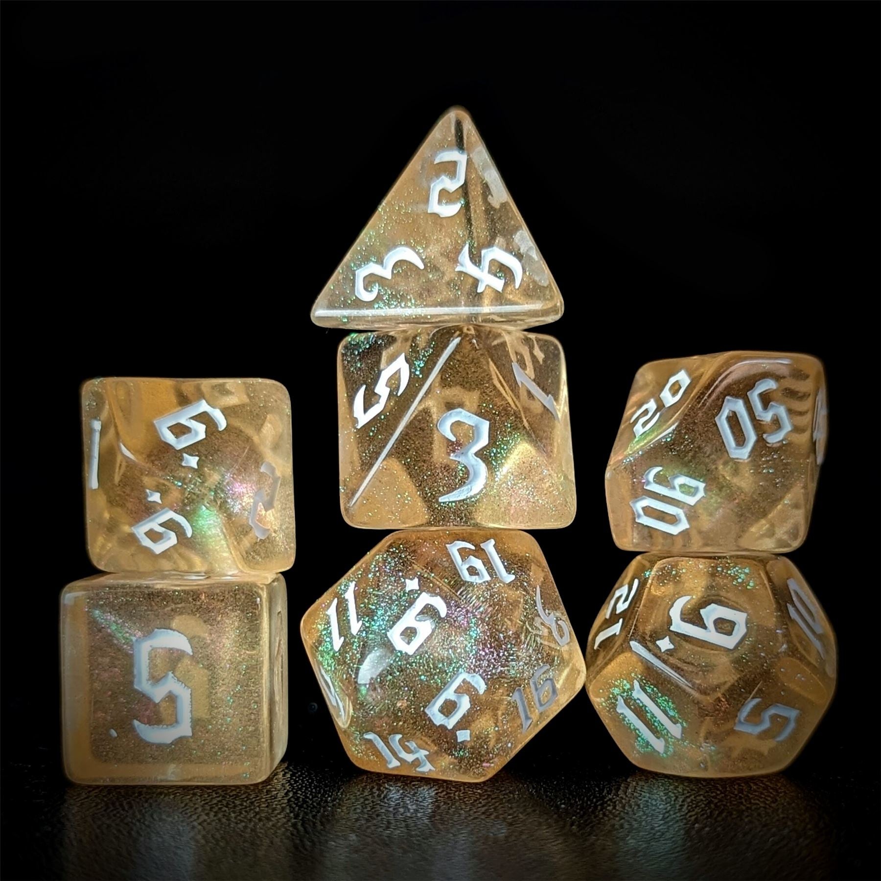 Glitter in Clear Orange Acrylic - 7pcs RPG Full Dice Set