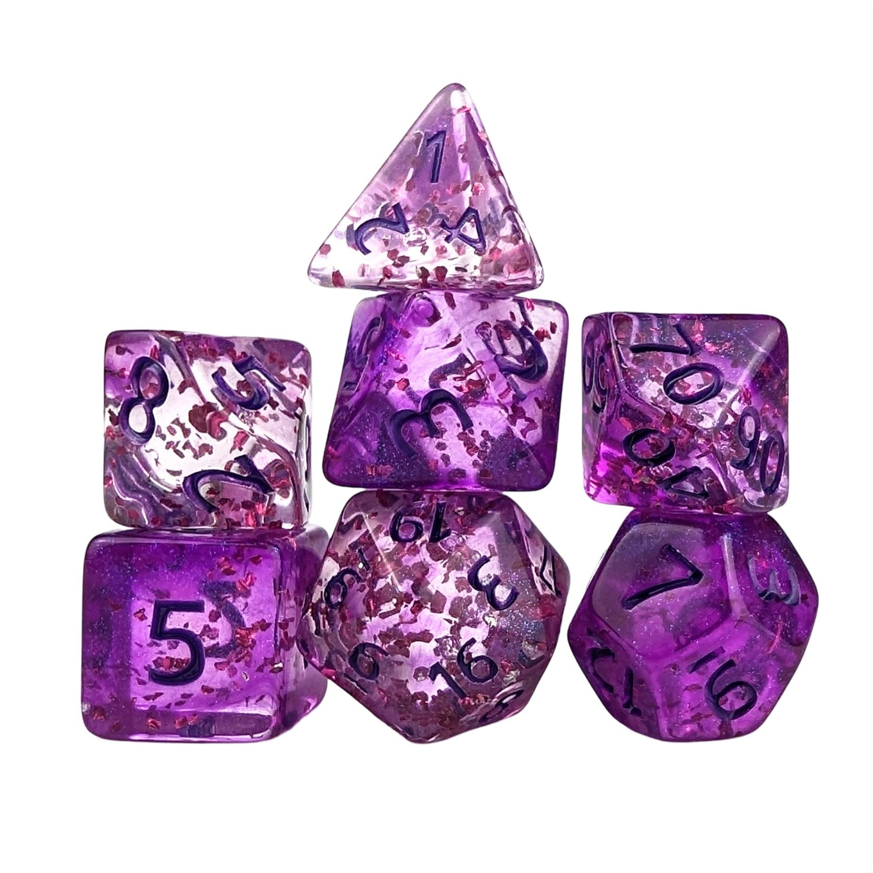 Glitter in Clear Pink Acrylic - 7pcs RPG Full Dice Set