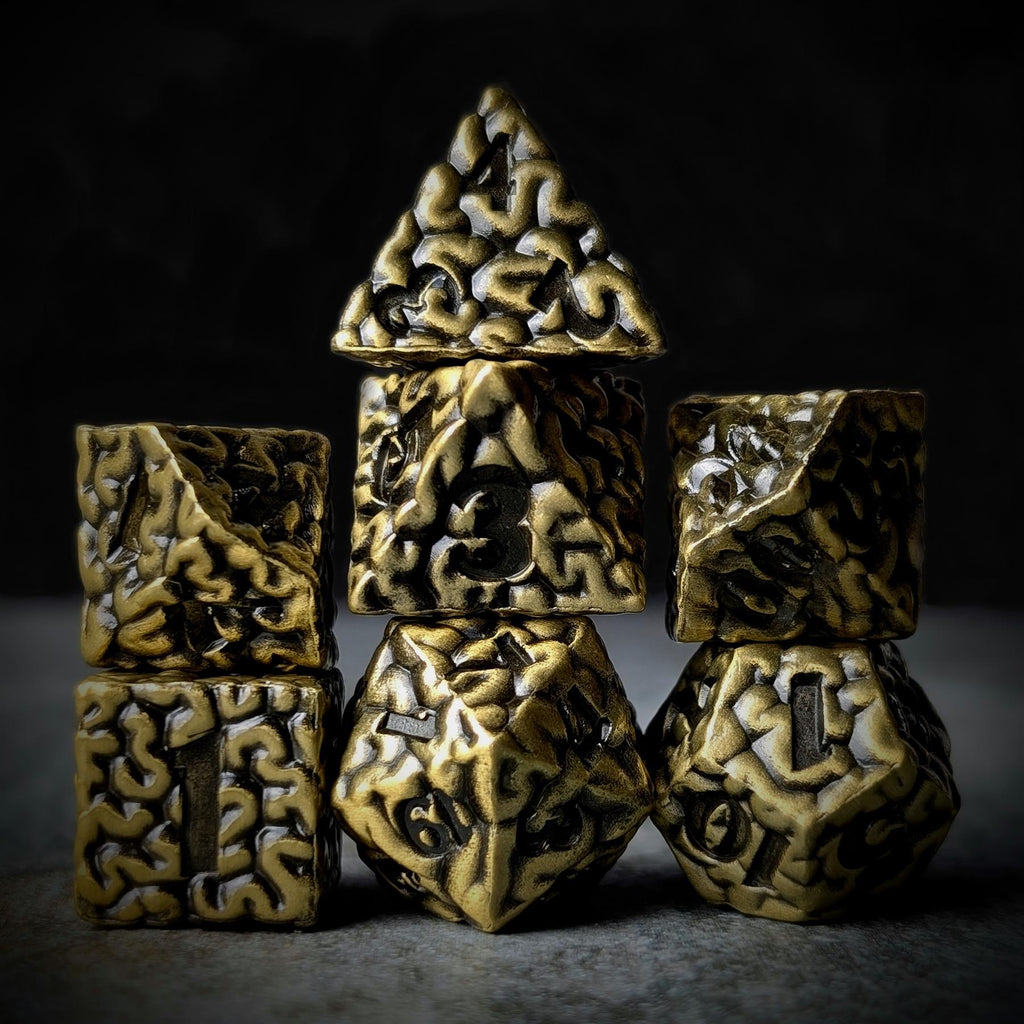7pcs RPG Dice Set - Black Wash over Bronze Metal Brains