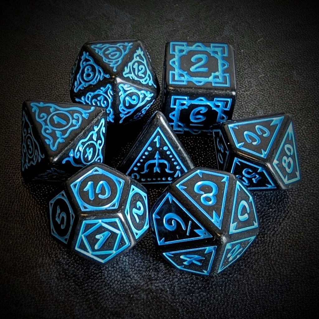 Blue Vines on Black Acrylic - 7pcs RPG Full Dice Set