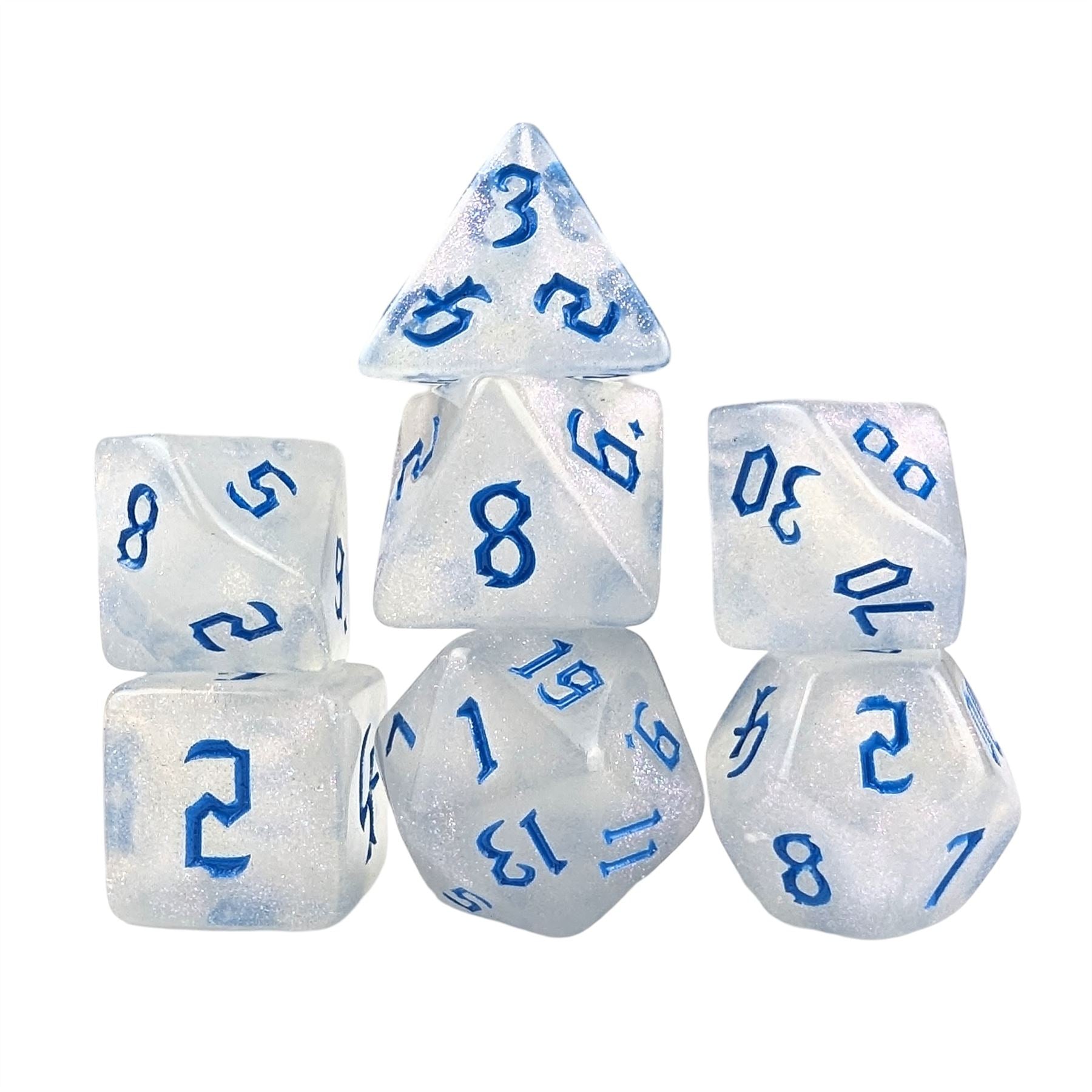 Glitter in White Acrylic with Blue Font - 7pcs RPG Full Dice Set