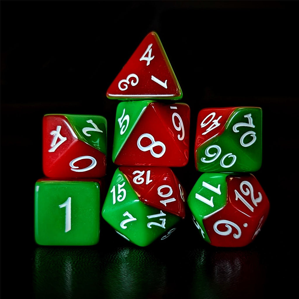 Blend of Red & Green Acrylic - 7pcs RPG Full Dice Set