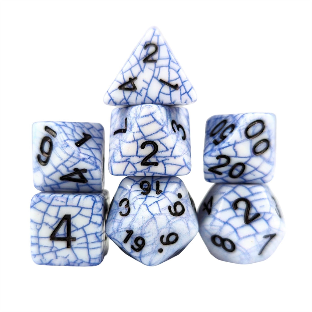 Cracked Blue on White Acrylic - 7pcs RPG Full Dice Set