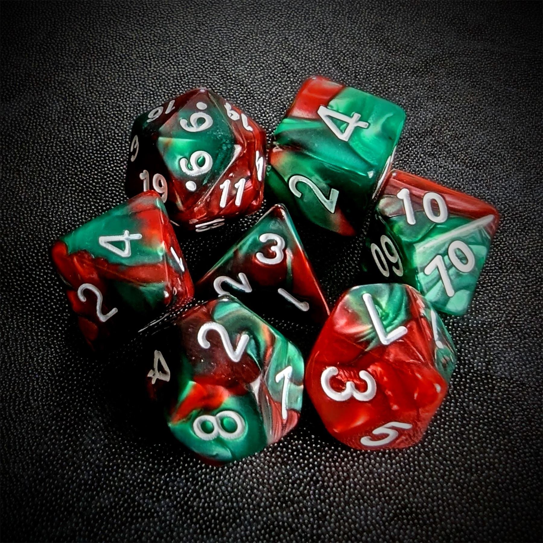 Blend of Red & Green Acrylic - 7pcs RPG Full Dice Set