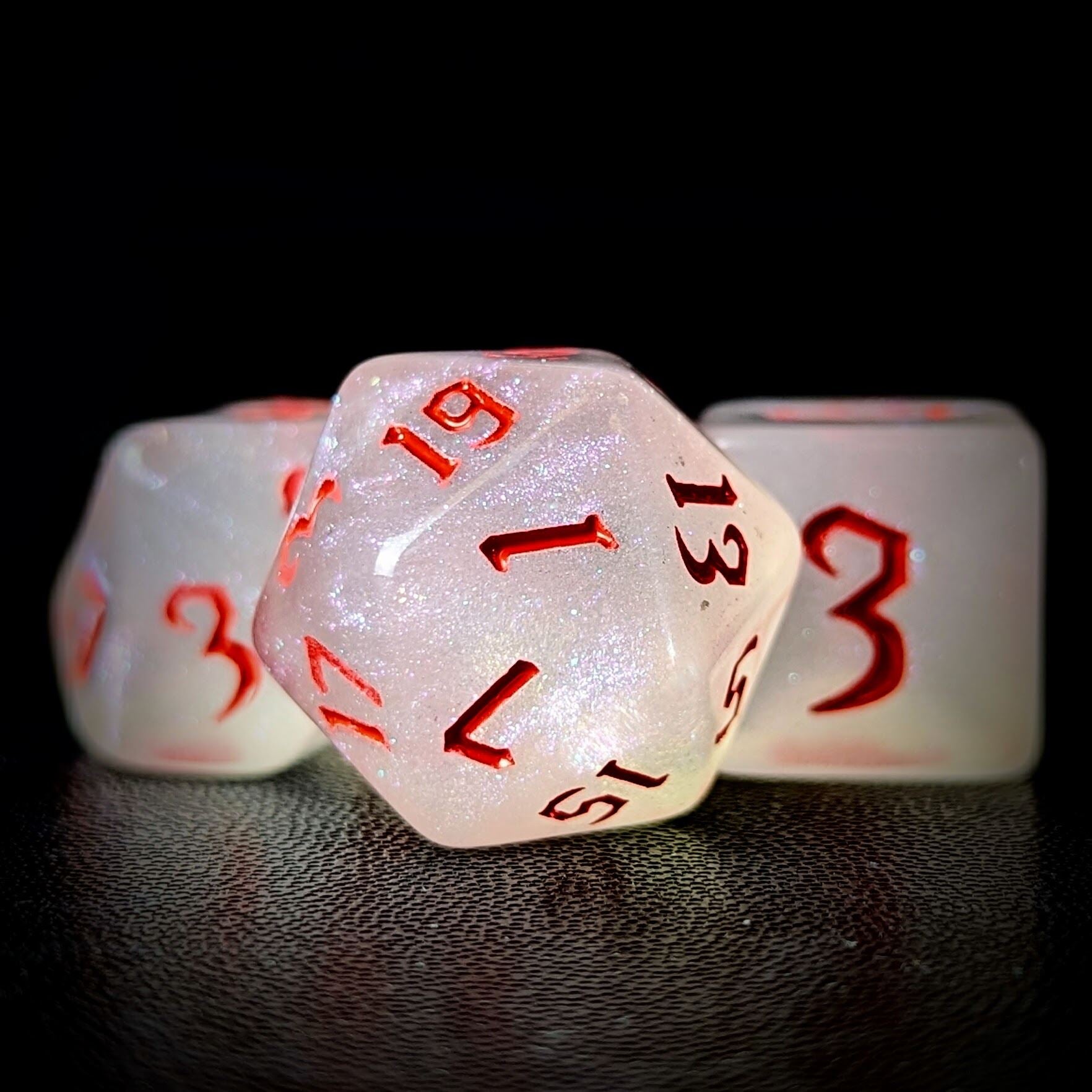 Glitter in White Acrylic with Red Font - 7pcs RPG Full Dice Set