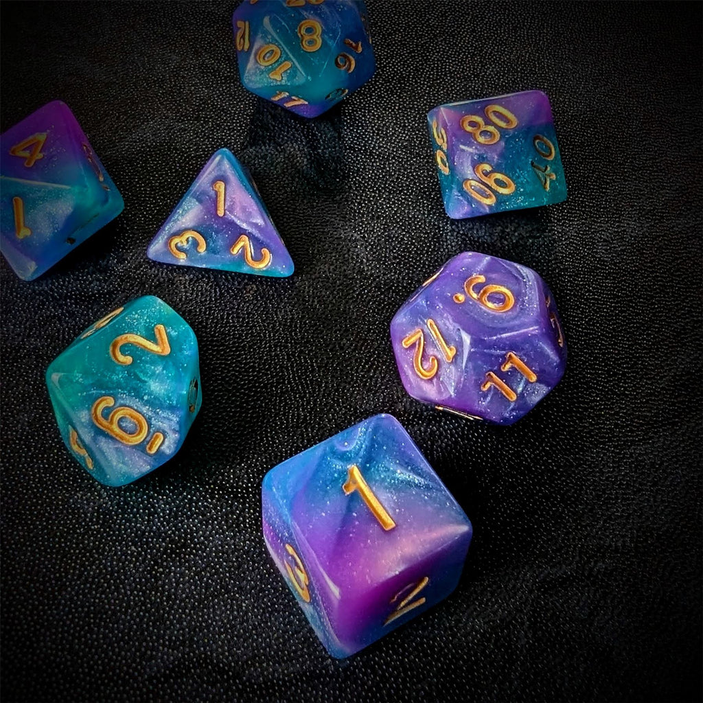 Glitter in Purple & Blue Acrylic - 7pcs RPG Full Dice Set