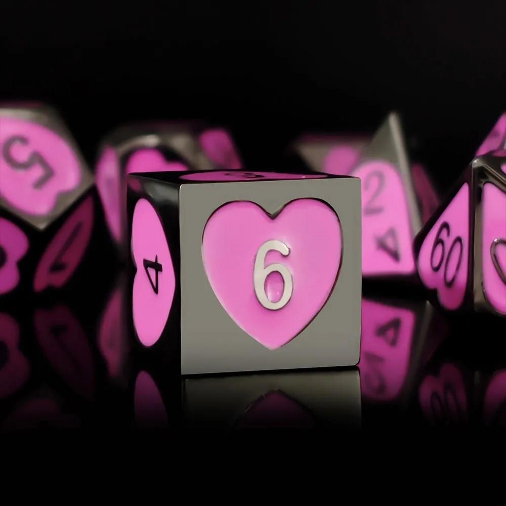 7pcs Dice Metal Enamel Nickel Hearts Pink