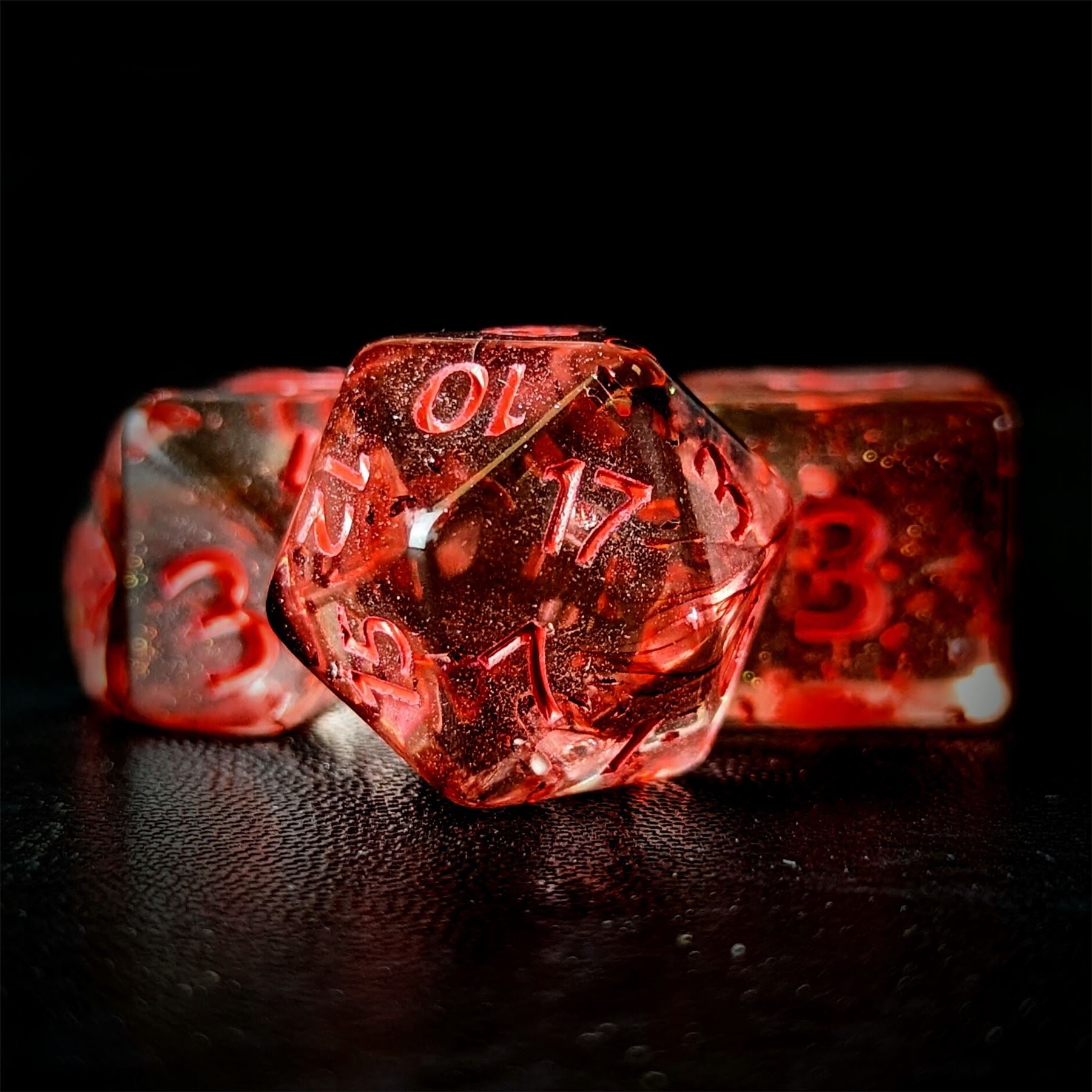 Glitter in Clear Red Acrylic - 7pcs RPG Full Dice Set