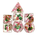 Red & Green Flowers in Clear Resin - 7pcs RPG Full Dice Set