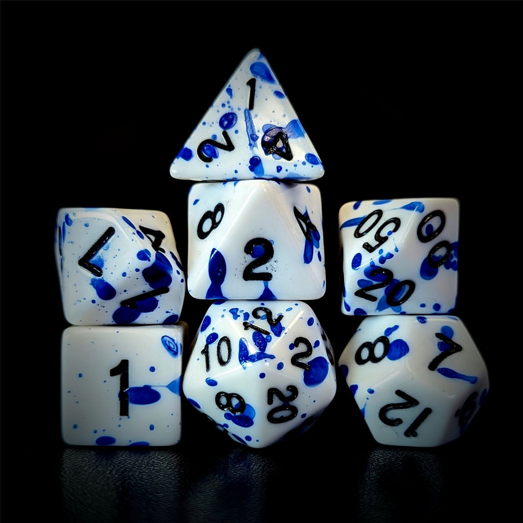 Blue Blood Splatter on White Acrylic - 7pcs RPG Full Dice Set