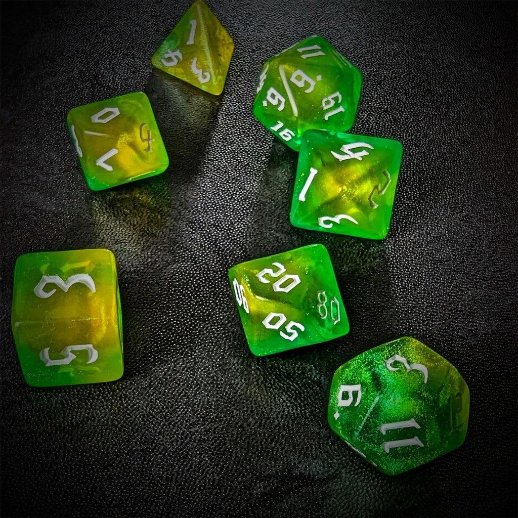 Glitter in Green & Yellow Acrylic - 7pcs RPG Full Dice Set