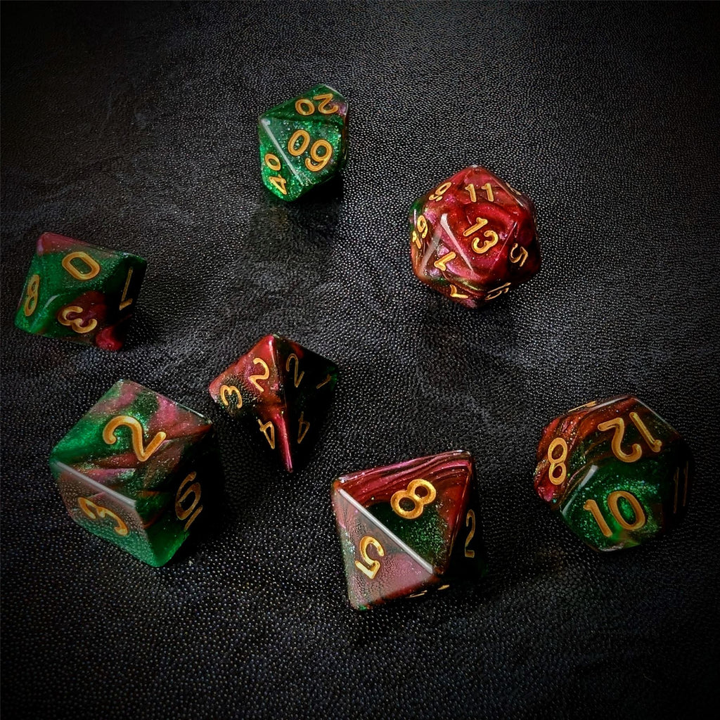 Glitter in Red & Green Acrylic - 7pcs RPG Full Dice Set
