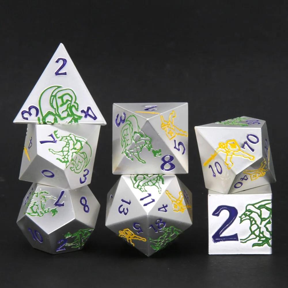 Green & Yellow in Silver Metal - 7pcs RPG Dice Set