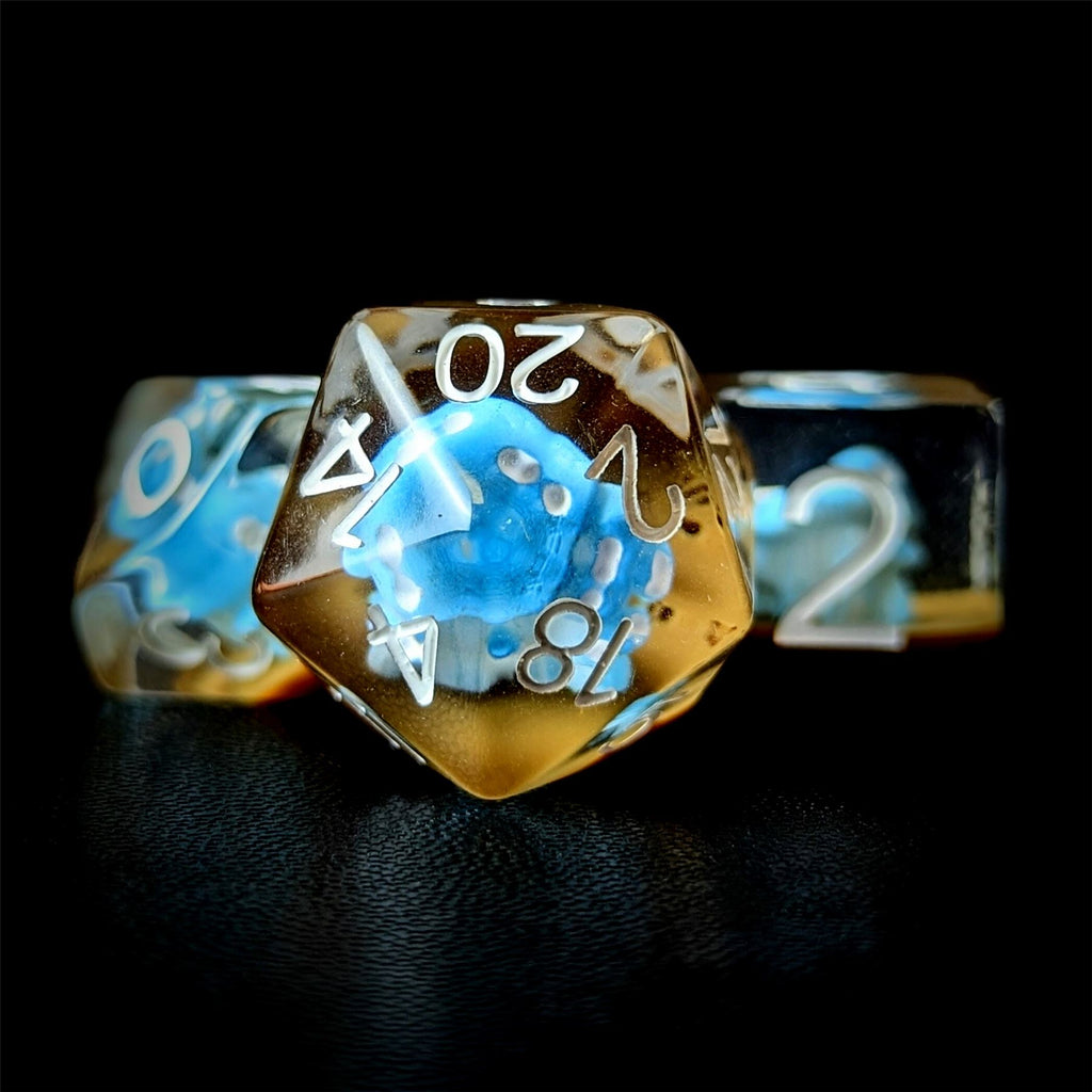 Blue Mashroom in Clear & Brown Resin - 7pcs RPG Full Dice Set