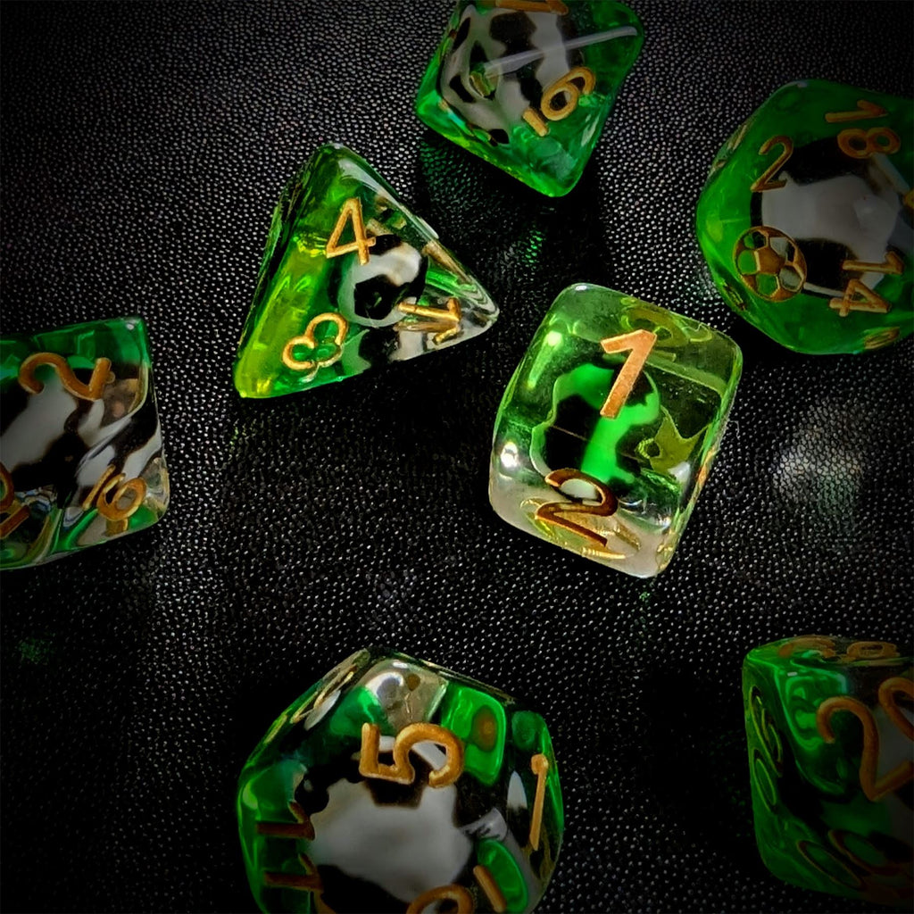 Black & White Football in Clear & Green Resin - 7pcs RPG Full Dice Set