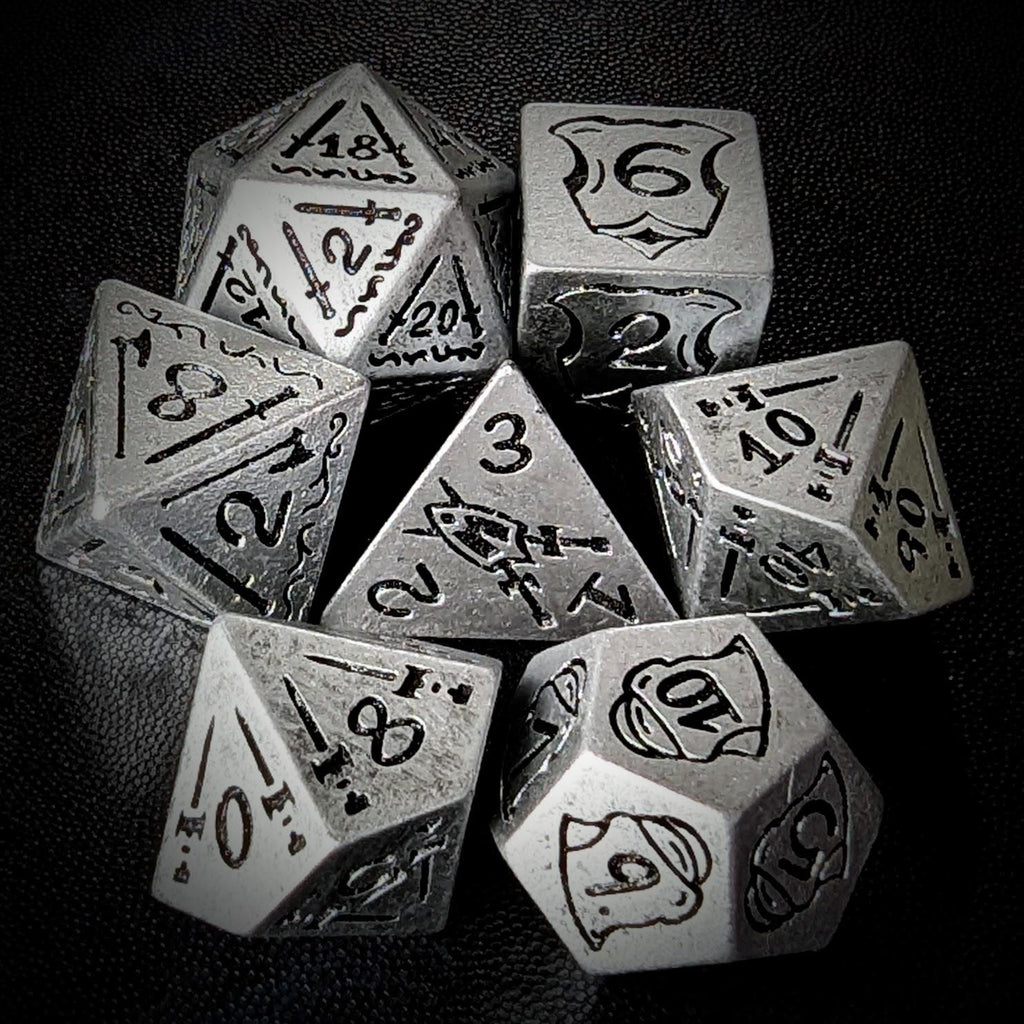 7pcs RPG Full Dice Set - Black Pattern on Silver Resin