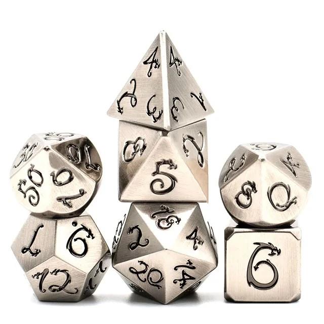 Silver Metal with Black Dragon Font - 7pcs RPG Dice Set