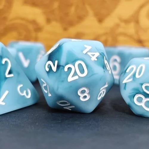 7pcs Dice Resin Swirl White Font Frosted Light Blue