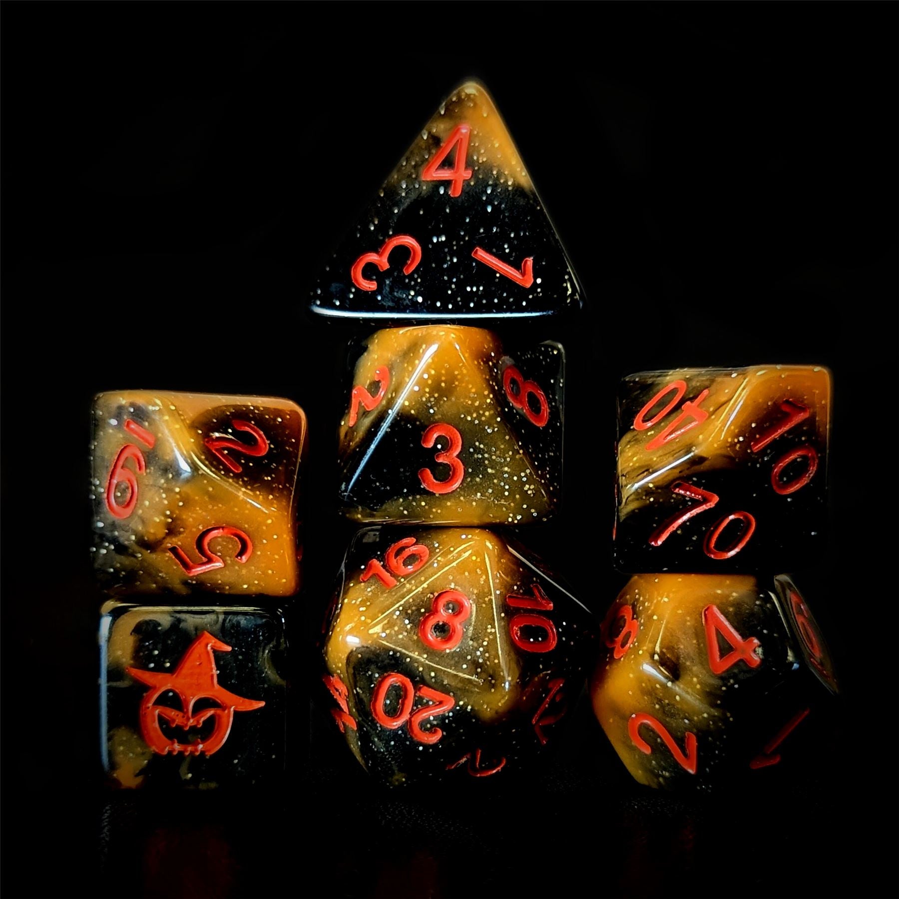 Glitter in Black & Orange Acrylic - 7pcs RPG Full Dice Set