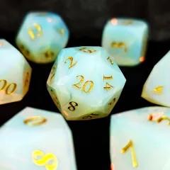 7pcs Dice Gem Stone Opalite Facet Gold Font White
