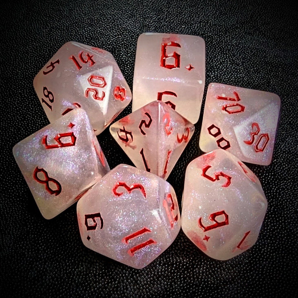 Glitter in White Acrylic with Red Font - 7pcs RPG Full Dice Set