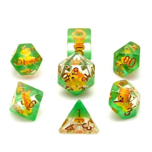 7pcs Dice Resin Filled Gold Font Lion Green Clear