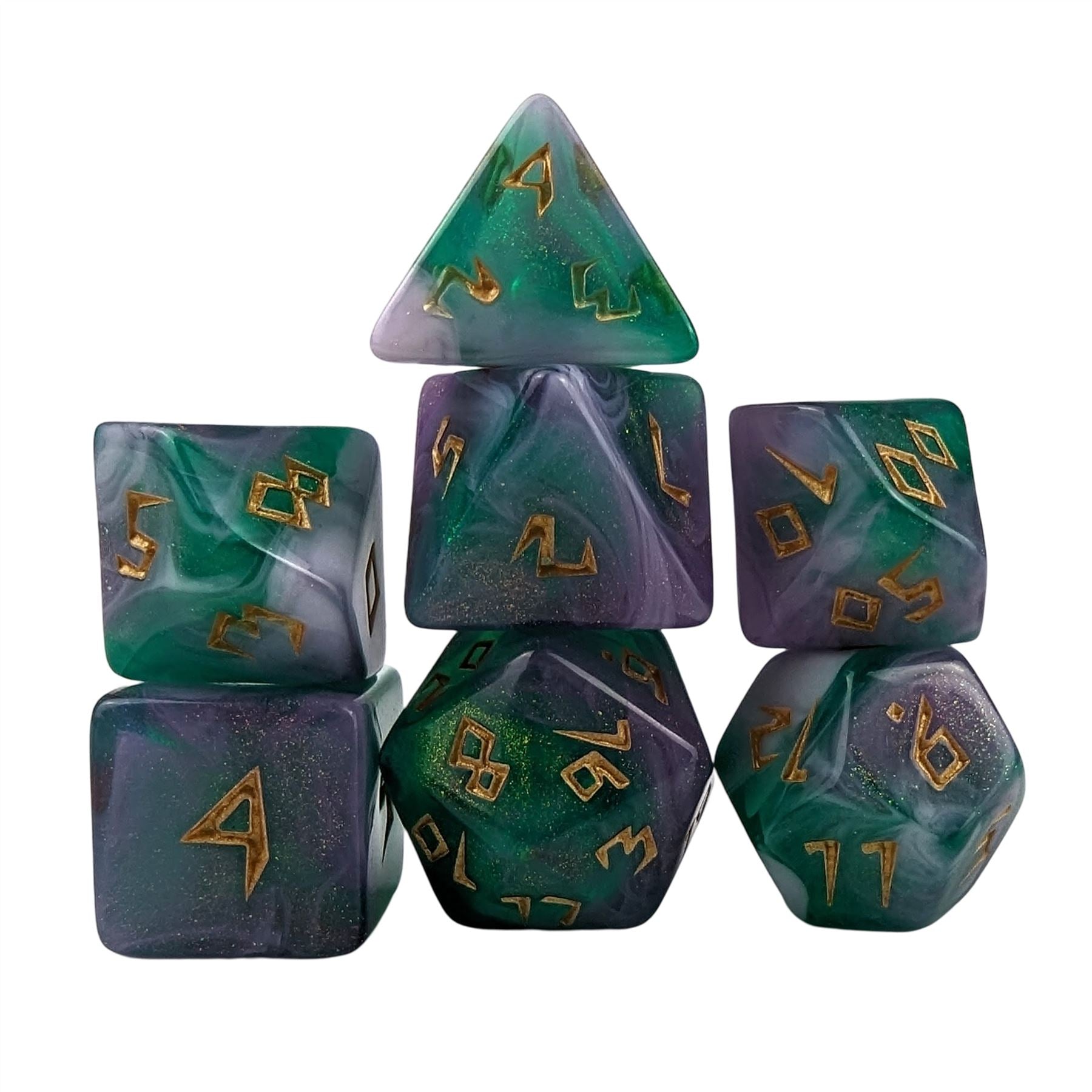 Glitter in Green & Purple Acrylic - 7pcs RPG Full Dice Set