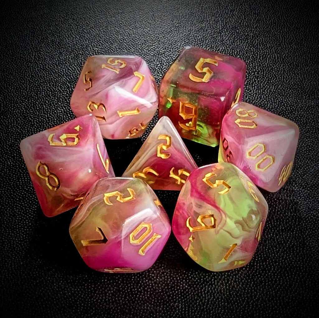 Blend of Green & Pink Acrylic - 7pcs RPG Full Dice Set