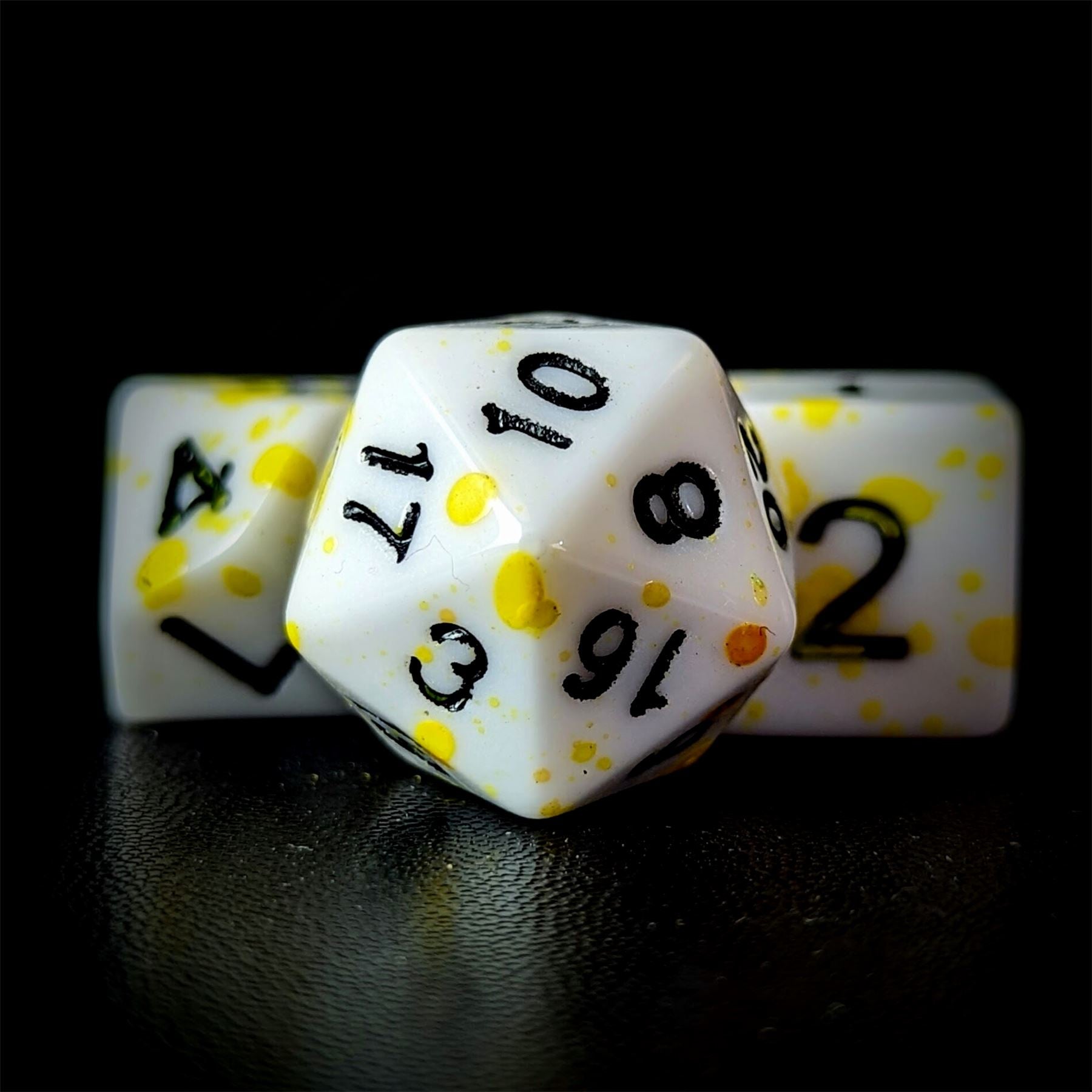 Yellow Blood Splatter on White Acrylic - 7pcs RPG Full Dice Set