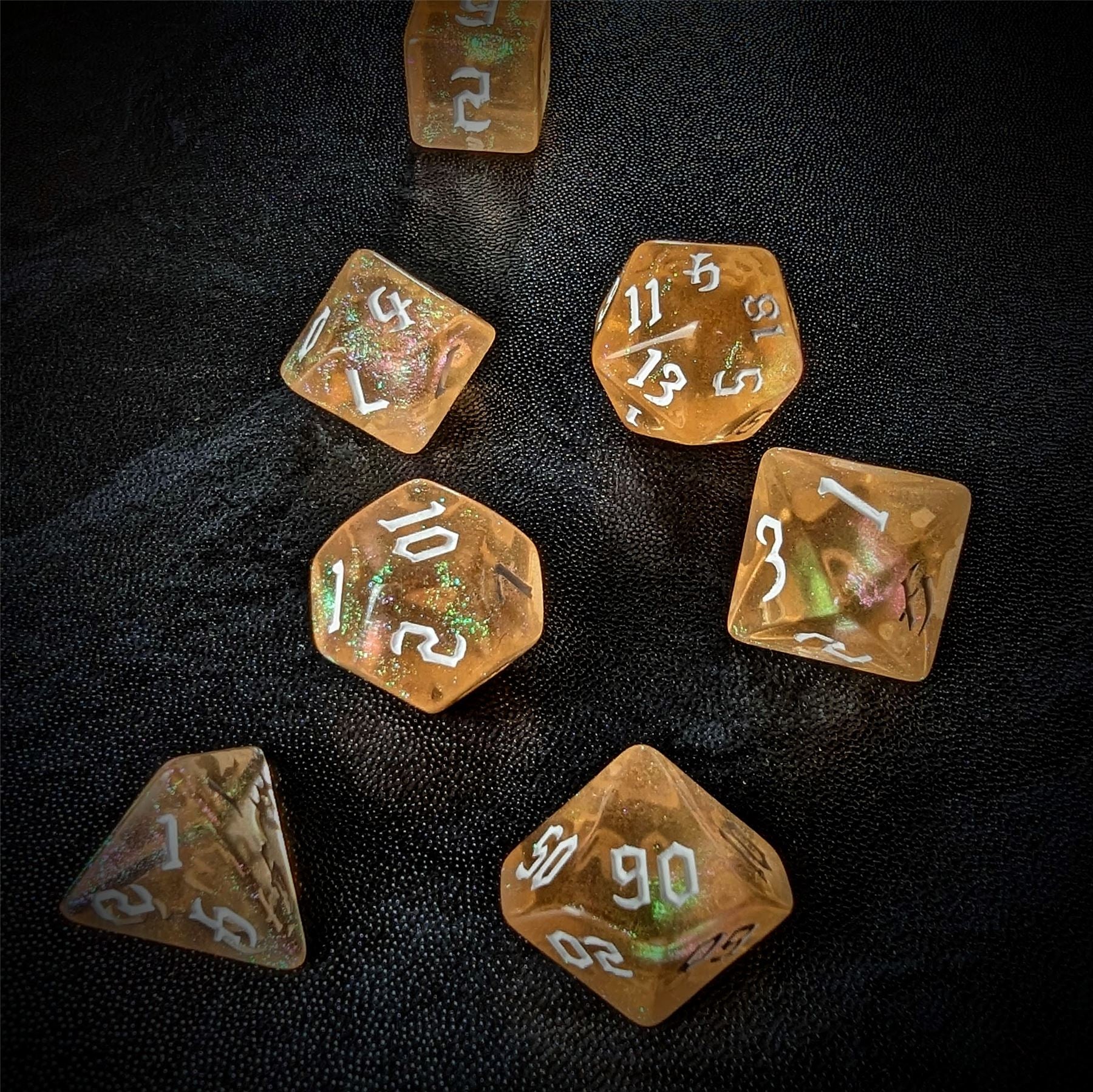 Glitter in Clear Orange Acrylic - 7pcs RPG Full Dice Set