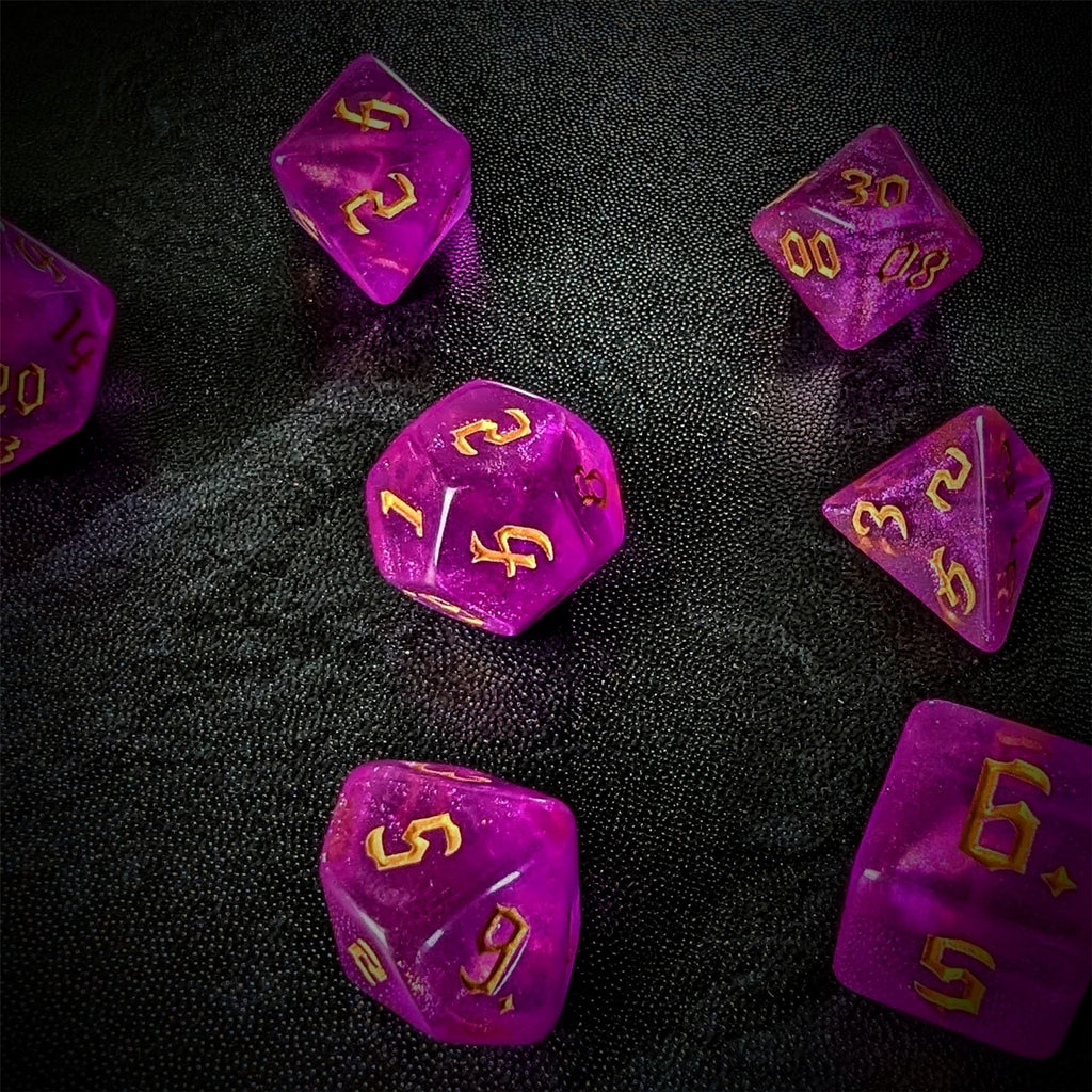 Glitter in Hot Pink Acrylic - 7pcs RPG Full Dice Set