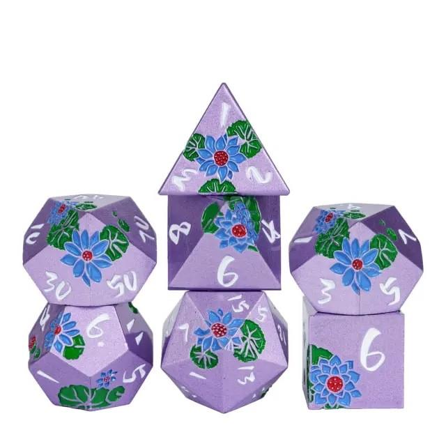 Blue Lotus Flower in Purple Metal - 7pcs RPG Dice Set