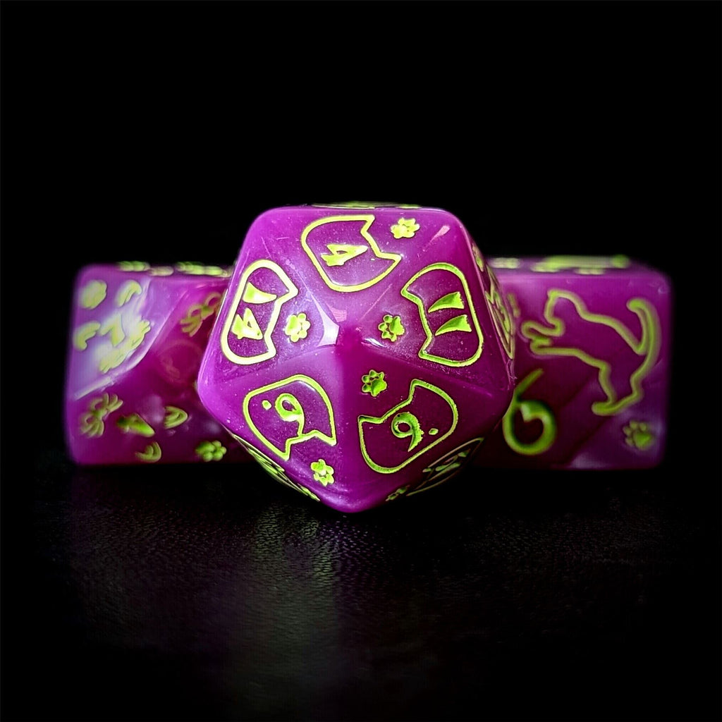 Yellow Cats on Pink Acrylic - 7pcs RPG Full Dice Set