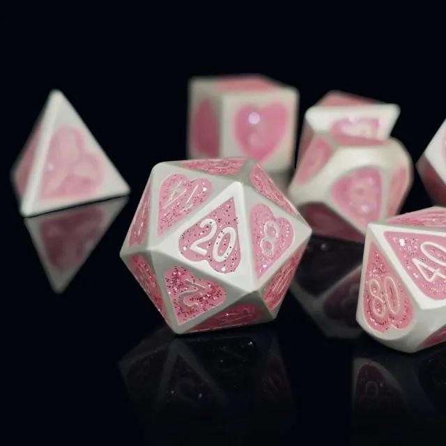 7pcs Dice Metal Enamel Silver Hearts Pink
