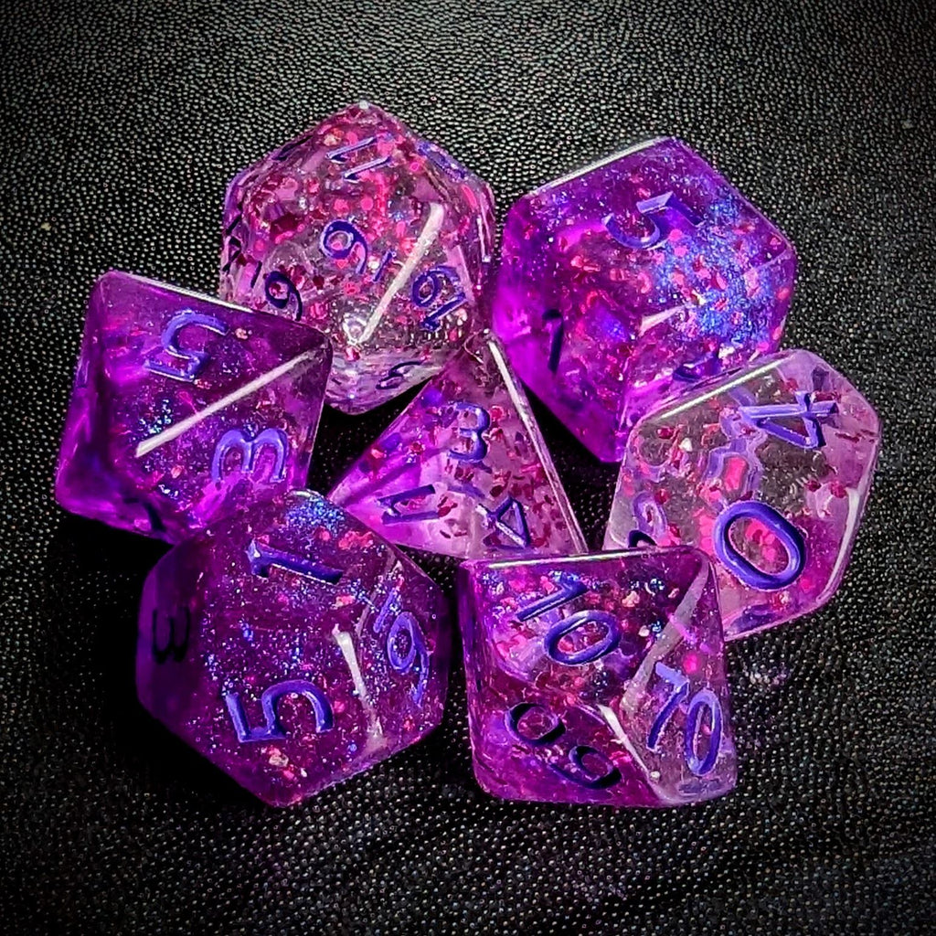 Glitter in Clear Pink Acrylic - 7pcs RPG Full Dice Set
