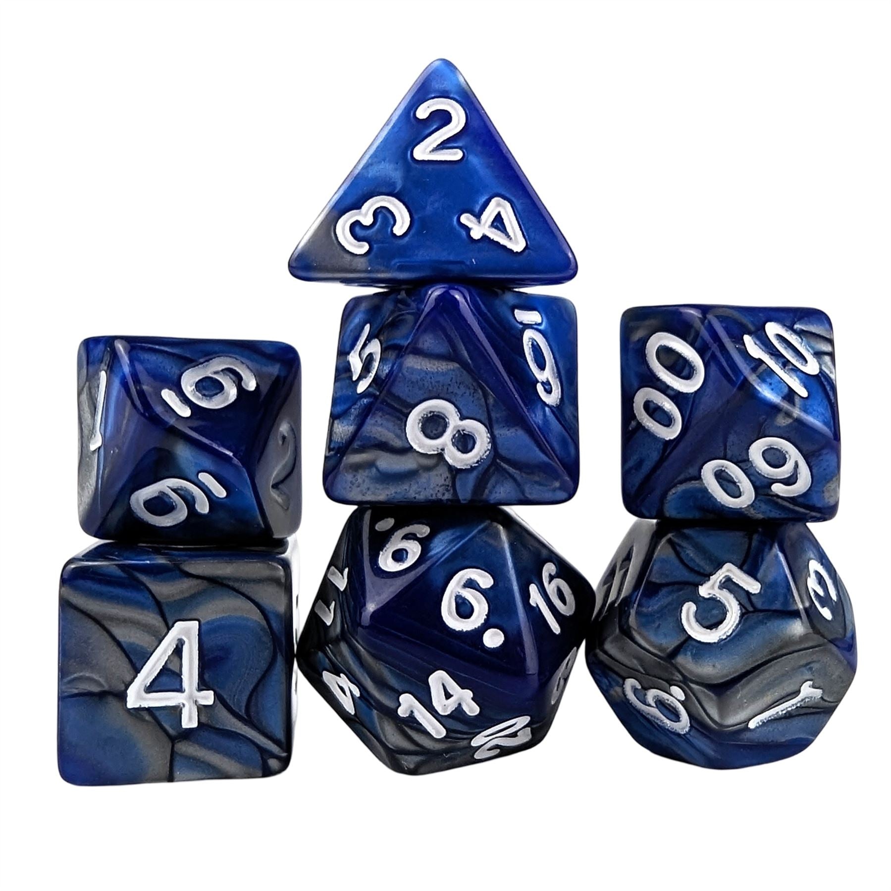 Blend of Silver & Royal Blue Acrylic - 7pcs RPG Full Dice Set