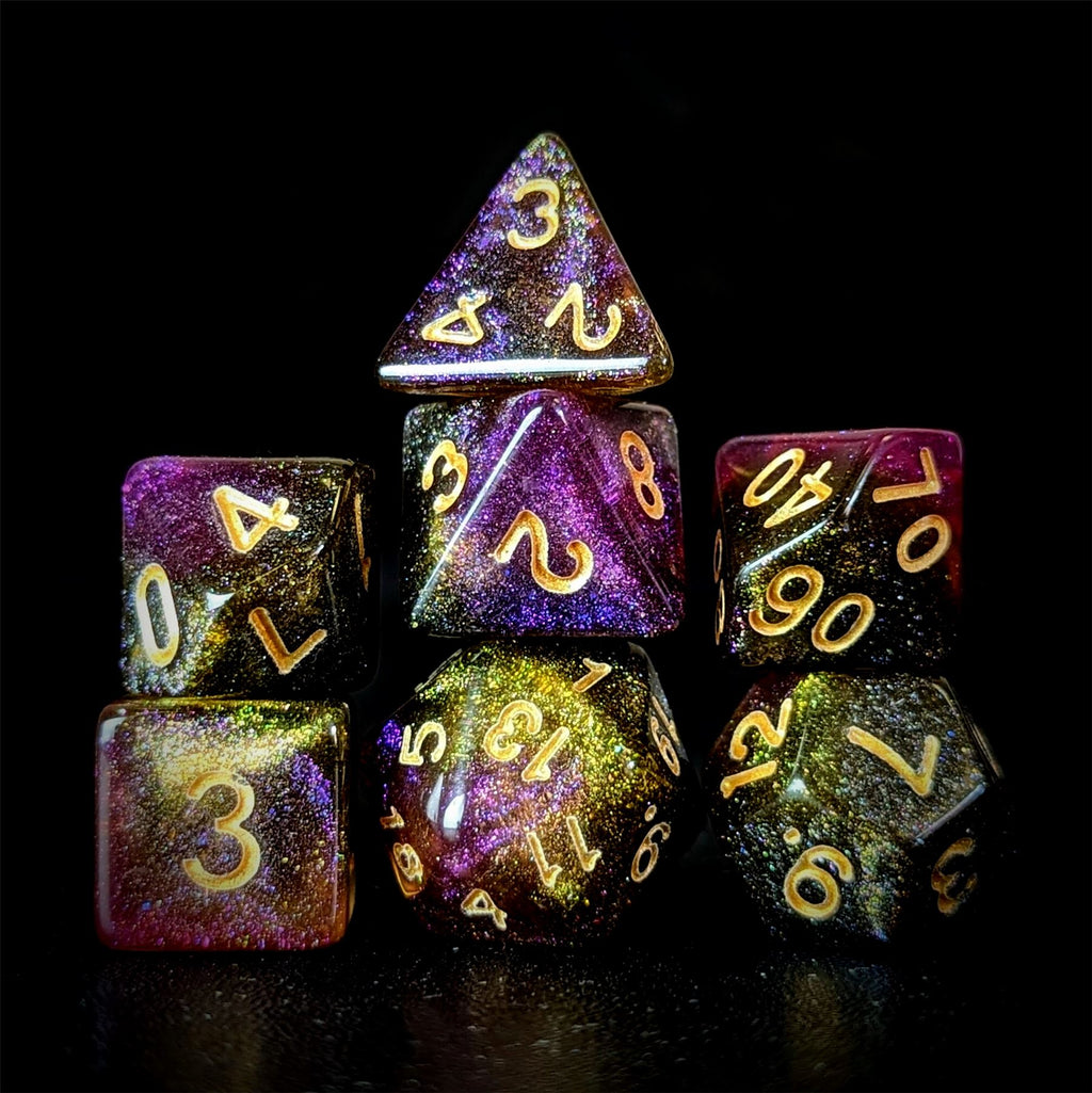 Glitter in Purple & Yellow Acrylic - 7pcs RPG Full Dice Set