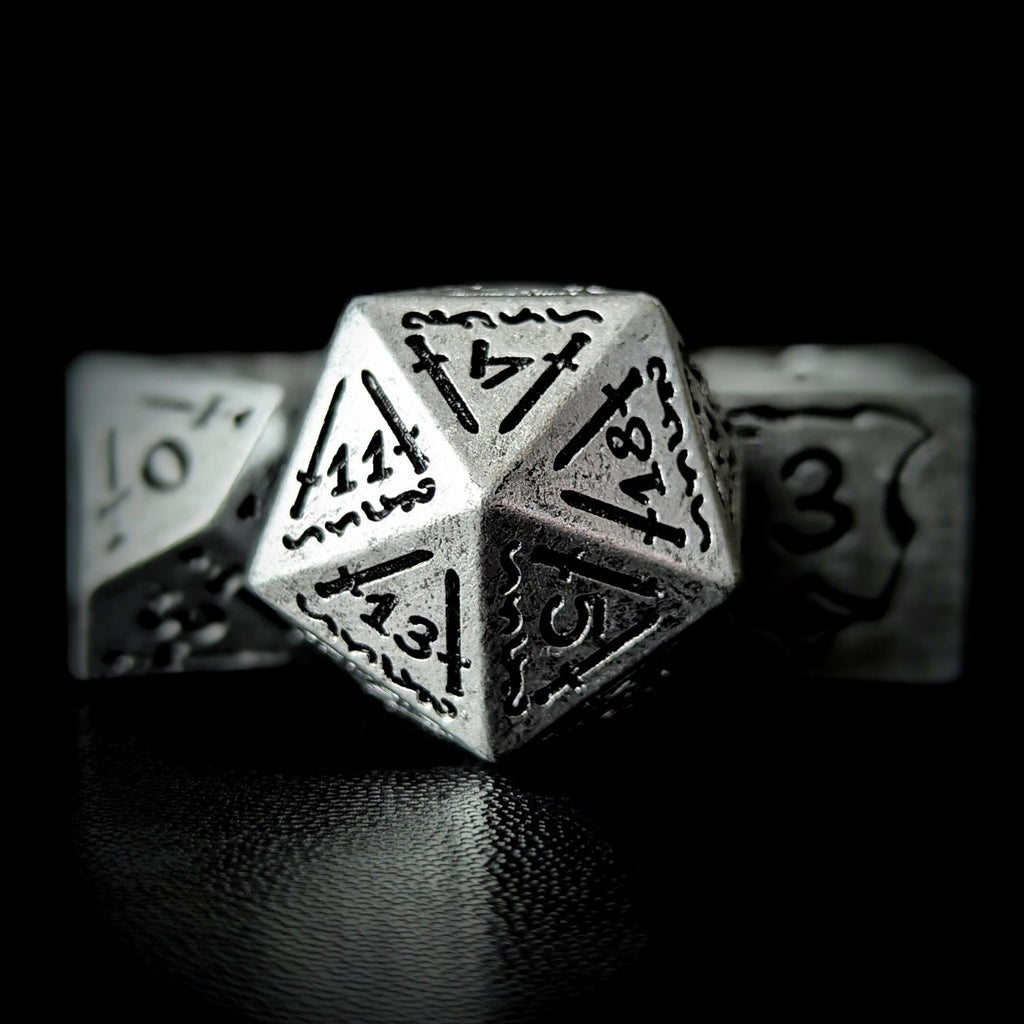 7pcs RPG Full Dice Set - Black Pattern on Silver Resin