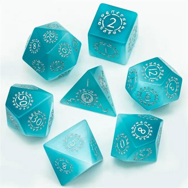 Runes on Blue Cat Eye Gemstone - 7pcs RPG Dice Set