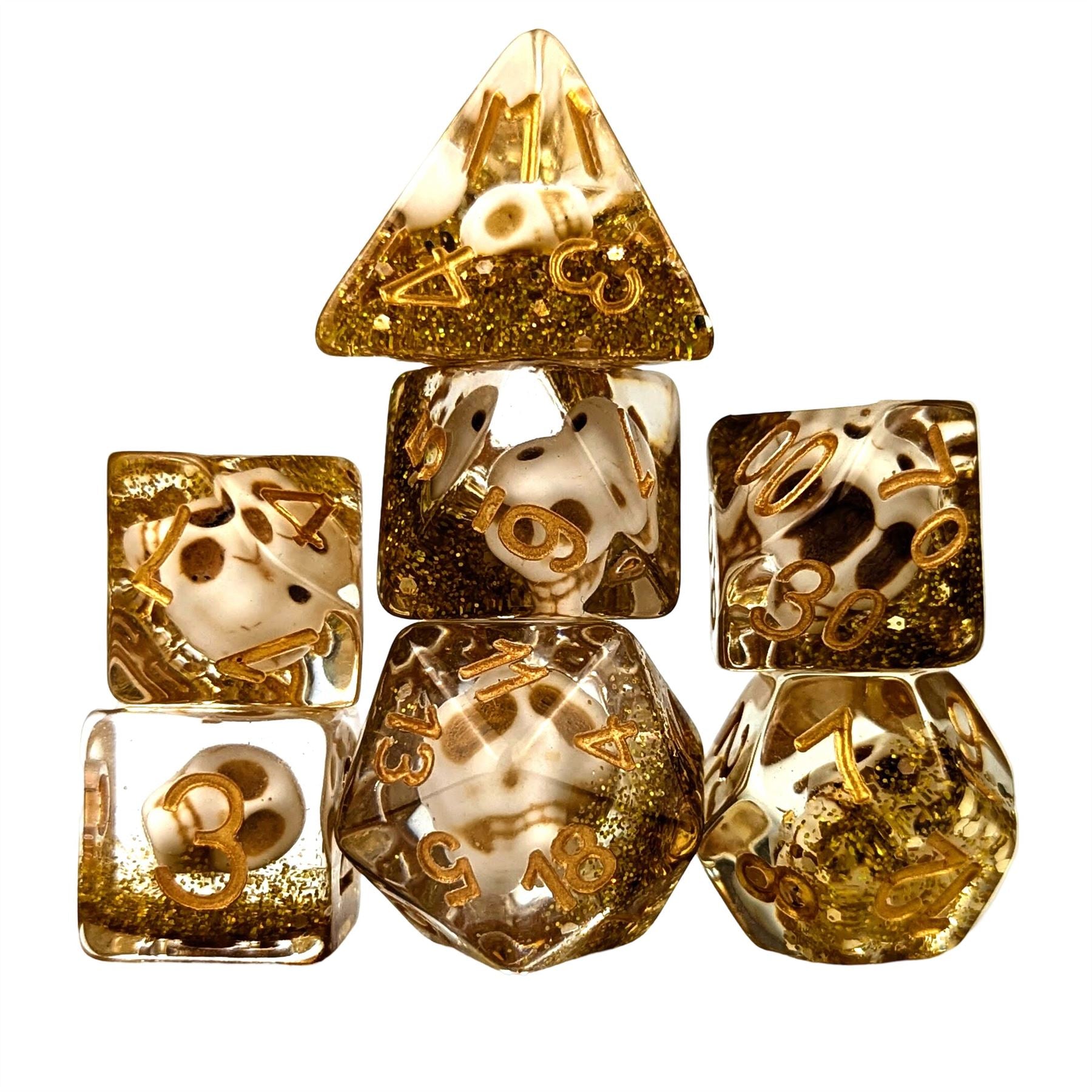 Skull & Gold Glitter in Clear Resin - 7pcs RPG Full Dice Set