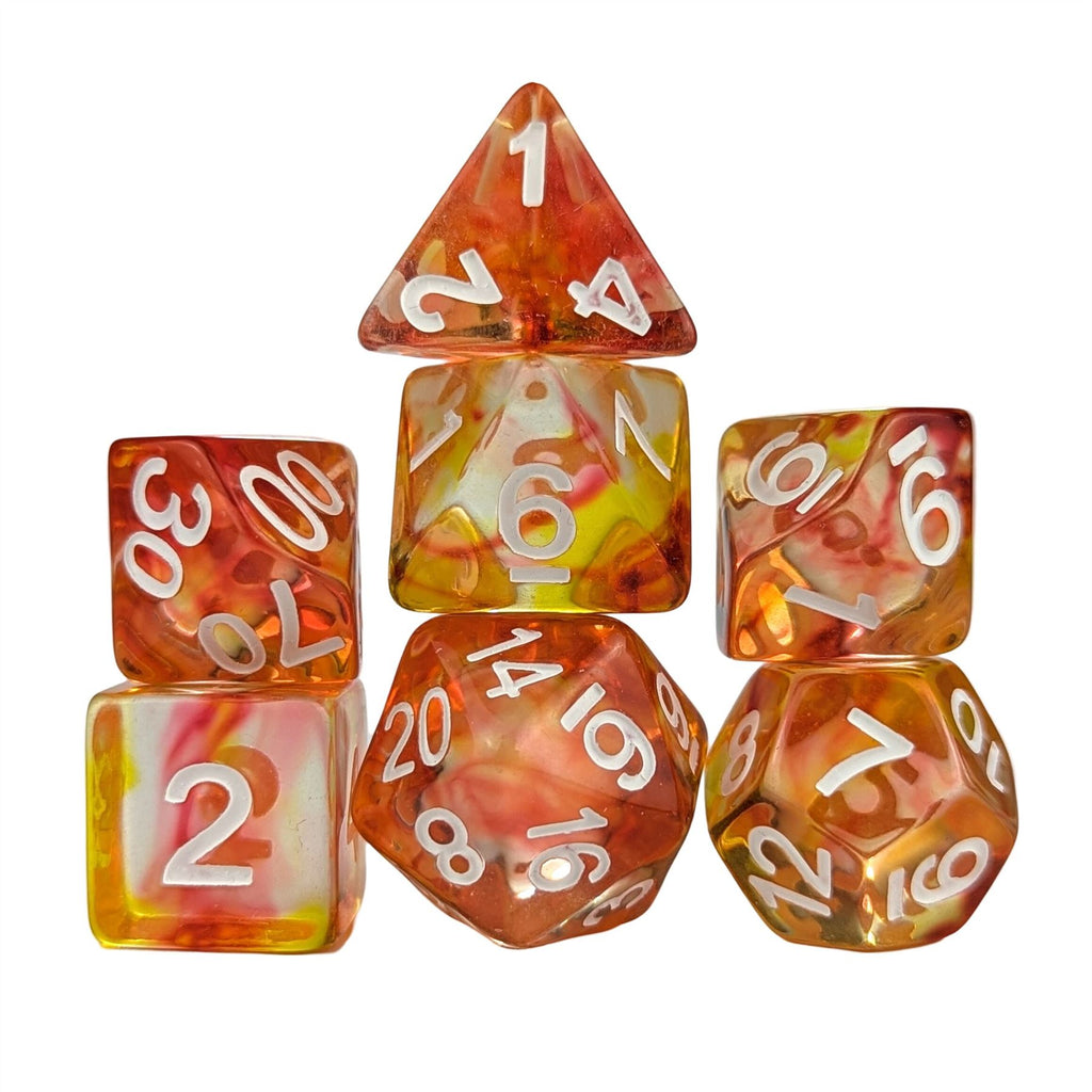 Red & Yellow Swirl in Clear Resin - 7pcs RPG Full Dice Set