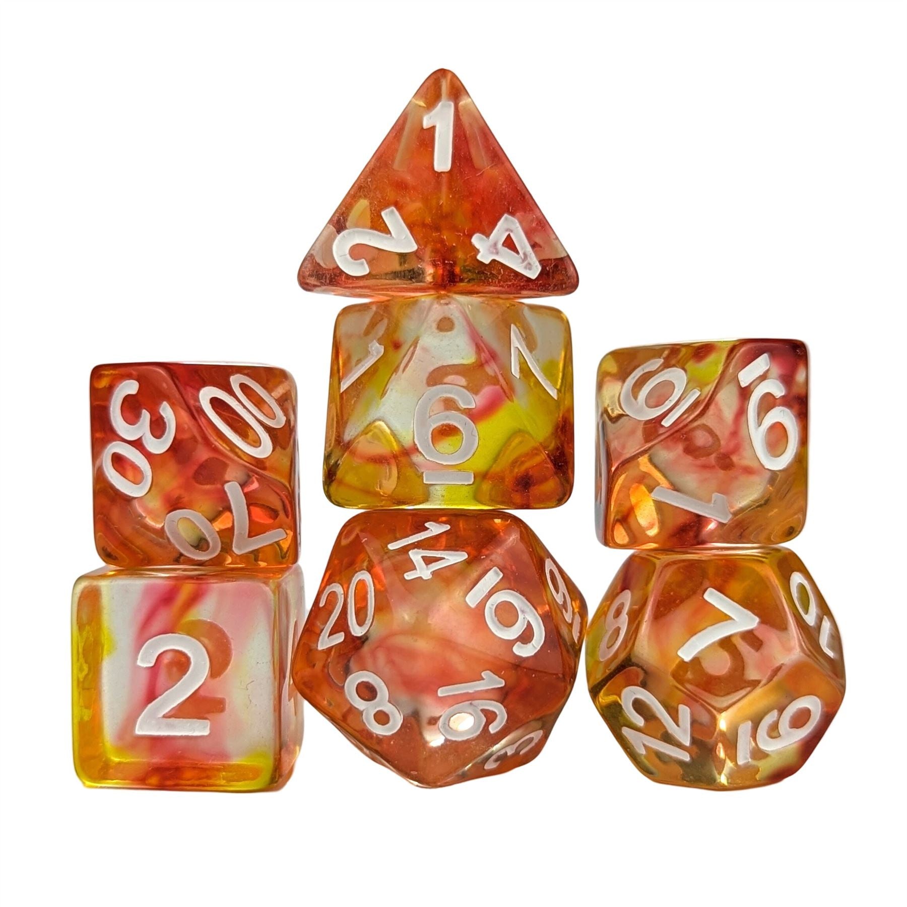 Red & Yellow Swirl in Clear Resin - 7pcs RPG Full Dice Set